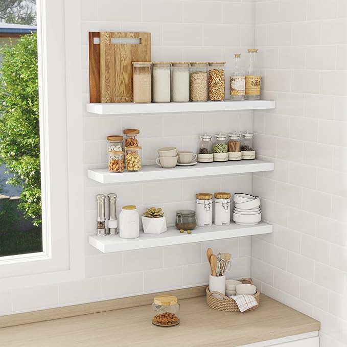 Fun Memories 32 Inch Floating Shelves Wall Shelf Set of 3, White Bathroom Shelves 32 Inch, Farmhouse Home Decor Living Room, Kitchen White Shelves for Wall, 32 x 6.7 x 1.4 Inch