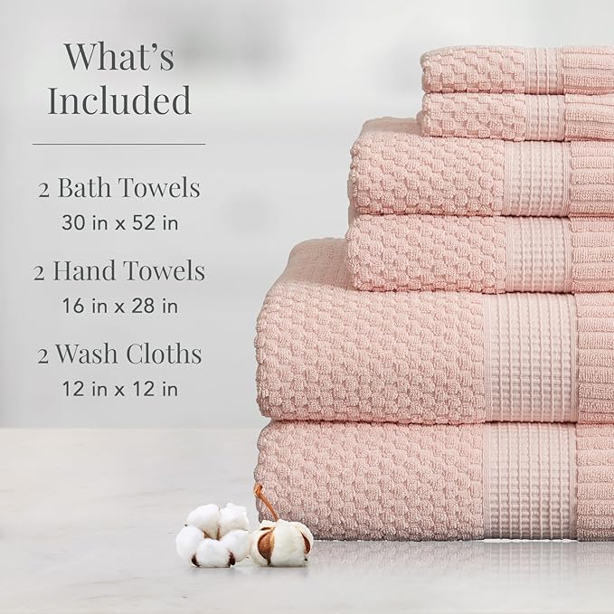 NY Loft 100% Cotton 6 Piece Bath Towel Set | Pink Towels | Soft & Absorbent Quick-Dry | 2 Bath Towels 2 Hand Towels and 2 Washcloths | Textured and Durable | Oeko-TEX Standard 100 | Light Pink