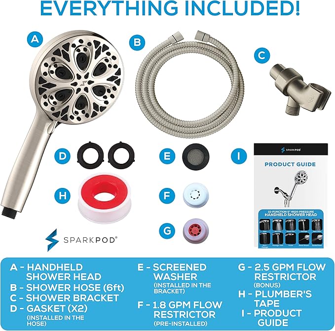 SparkPod 10-Mode Handheld Shower Head with Hose - 5" High Pressure Shower Head Set with Touch-to-Clean Nozzles, Built-In Power Jet, Stainless Steel 6ft Hose & Bracket (Brushed Nickel)