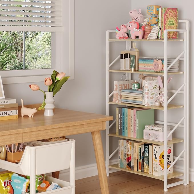 JSB Folding Bookshelf,Industrial Storage Shelves, No Assembly Vintage Wood Look Bookshelf with Storage Shelves for Living Room, Bedroom, Office (White, 5-Tier)
