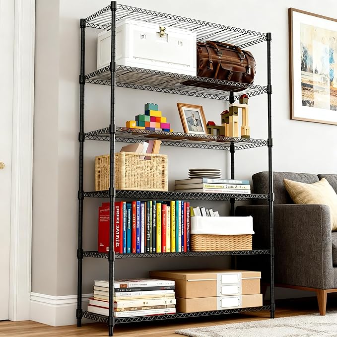 6 Tiers Shelf 2100 lbs Steel Storage Shelving Utility Shelving Unit Steel Organizer Wire Rack for Home,Kitchen,Office,Garage Black 17.7" D x 47.2" W x 82.4" H