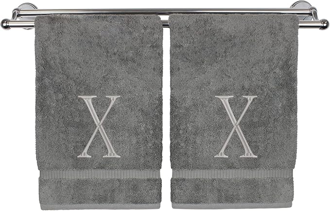 Monogrammed Hand Towel, Personalized Initial Gift, Extra Absorbent 100% Turkish Cotton - Soft Terry Finish - Set of 2 - Silver Block Initial X - Embroidered on Grey Towels