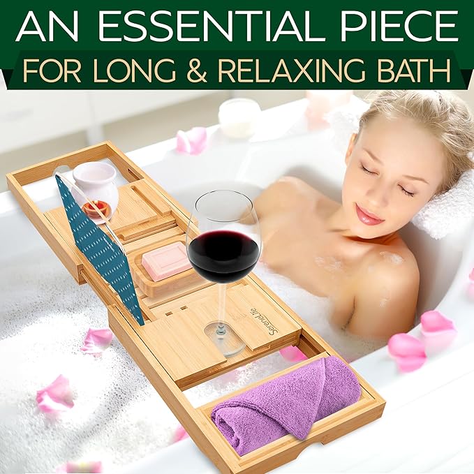 SereneLife Bathtub Tray - Expandable Bath Tray for Tub, Adjustable Bamboo Caddy with with Non-Slip Handles, Device Holder and Wine Glass Slot for Bathing Luxury (Standard, Soft Back, Gift Set)