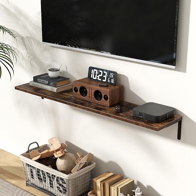 Fun Memories Deep Floating Shelves, 48W x 8D Floating Shelves Set of 2, Wall Mounted Shelf with Metal Brackets, Rustic Wood Wall Shelf for Bathroom, Kitchen and Living Room, Rustic Brown