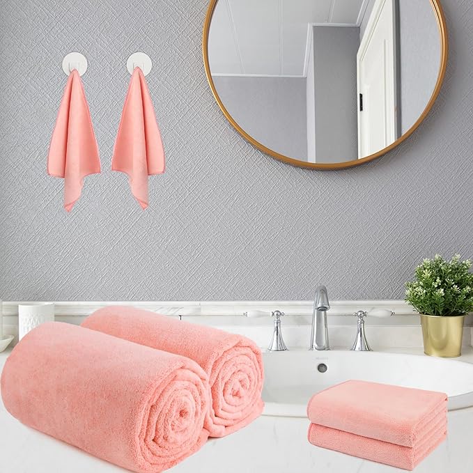 Orighty 6-Piece Towel Set - Soft & Lightweight - 2 Bath Towels, 2 Hand Towels, and 2 Wash Cloths - Absorbent & Quick Drying Microfiber Towel for Multipurpose, Bathroom, Gym, Sport, Yoga, Travel - Pink