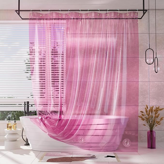 AmazerBath Pink Shower Curtain Liner for Christmas Bathroom, 100% EVA Soft Clear Heavy Duty Shower Curtain and Liner 2-in-1, 72x72 Luxury Plastic Weighted Shower Liner Bathroom