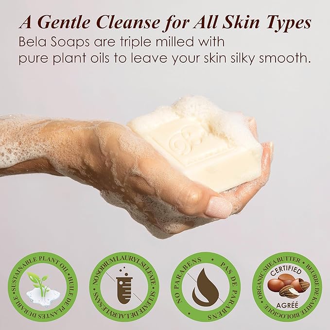 BELA Extra Creamy Goat Milk Soap 3.3 OZ Pack of 6, Long Lasting French Triple Milled Bar Soap Enriched with Organic Shea Butter, Hand, Face and Body Wash Bar, Made in Australia
