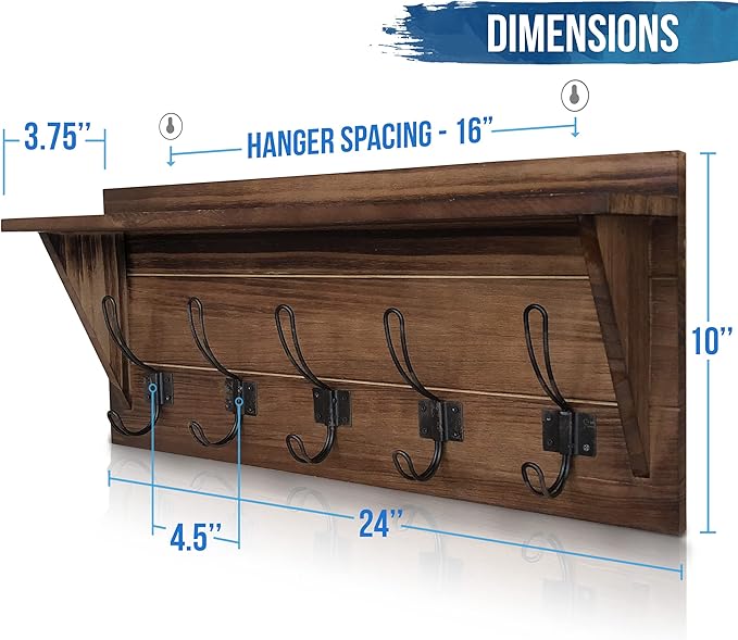 HBCY Creations Rustic Brown Solid Wood Wall Mounted Coat Rack with Shelf, 5 Hooks, 24" Long - Kitchen, Mudroom, Entryway, Bathroom - Includes Mounting Hardware, Coat Hanger, Dog Leash Hooks