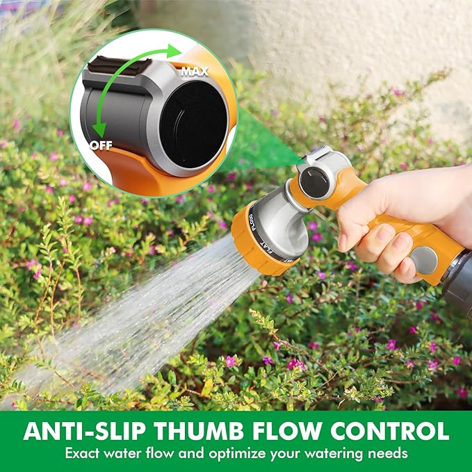 RESTMO Heavy Duty Hose Nozzle, Metal Garden Water Hose Sprayer with 7 Watering Patterns, Thumb Control, On Off Valve, High Pressure Nozzle Sprayer for Watering Plants, Car and Pet Washing, Orange