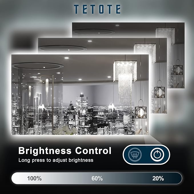 TETOTE 40 x 24 Inch LED Backlit Bathroom Vanity Mirror with Light,Anti-Fog,Dimmable,CRI90+,Touch Button,Water Proof,Horizontal/Vertical,Wall Mounted Lighted Mirror