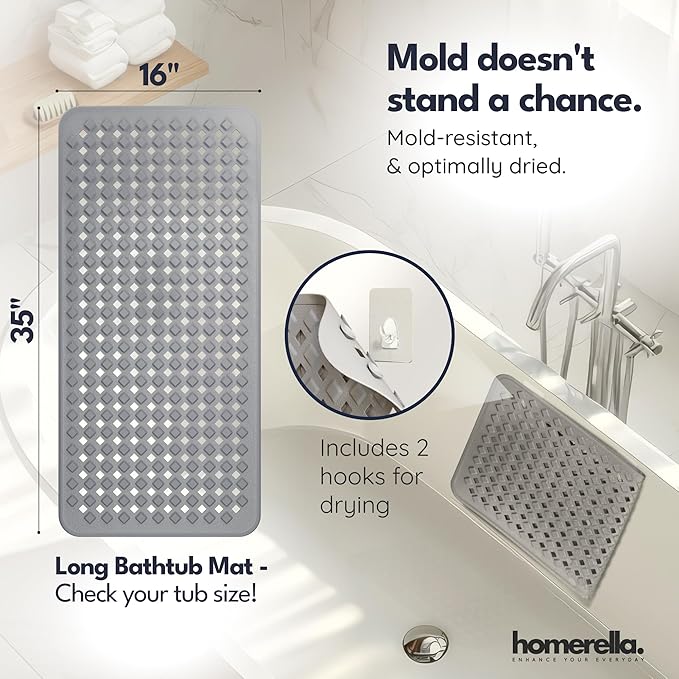homerella® Bathtub Mat Non Slip 35x16, Incl. Hooks for Drying, Extra Long, 100% BPA Free, Shower Mat Non Slip Anti Mold, Machine Washable, Shower Mats for Inside Shower Mildew Resistant