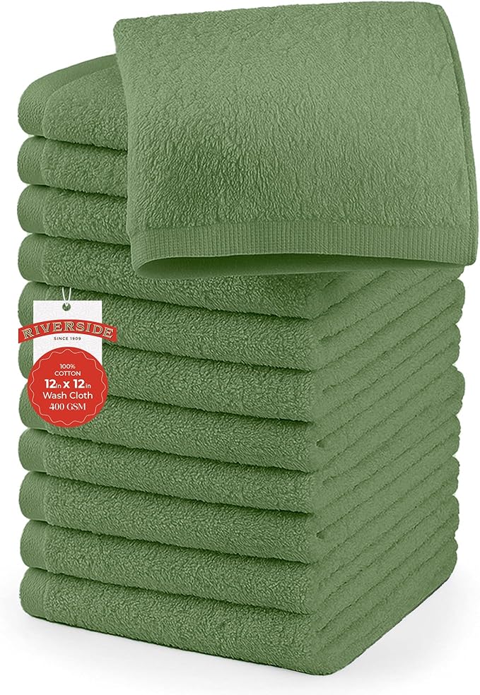 RIVERSIDE 12 Pack Washcloths - 12x12 Inches, 400 GSM, 100% Ring-Spun Cotton - Soft, Absorbent & Durable Face and Body Towels - for Bathroom, Spa, Gym, Makeup Removal & Everyday Use - Sage Green