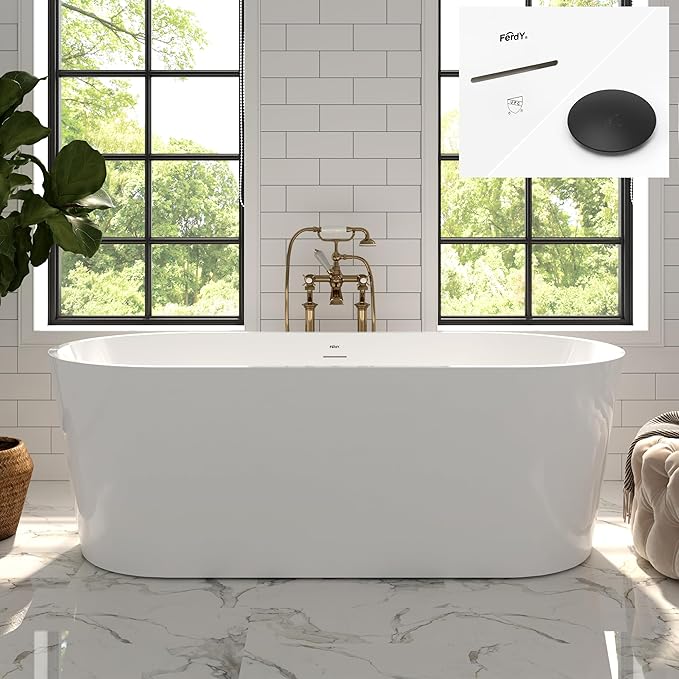 FerdY Shangri-La 67" Acrylic Freestanding Bathtub, Classic Oval Shape Acrylic Soaking Bathtub with Matte Black Drain & Minimalist Linear Design Overflow, Modern White, cUPC Certified