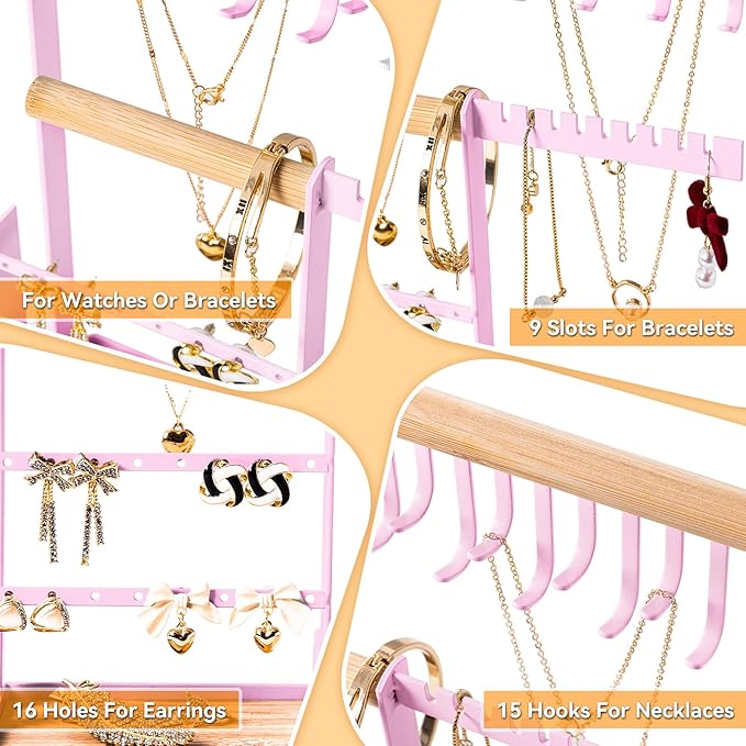 DreamGenius Jewelry Organizer Stand with Velvet Ring Holder, 4 Tier Jewelry Holder Organizer with 15 Hooks for Necklaces and 16 Holes for Earrings, Pink