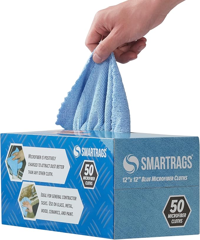 Arkwright Smart Rags in Box - (Pack of 50) Lint Free Microfiber Cleaning Cloth, Scratch & Streak-Free, Dispensable Wash Towels for Cars, Window Glass, and Auto Shop, 12 x 12 in, Blue