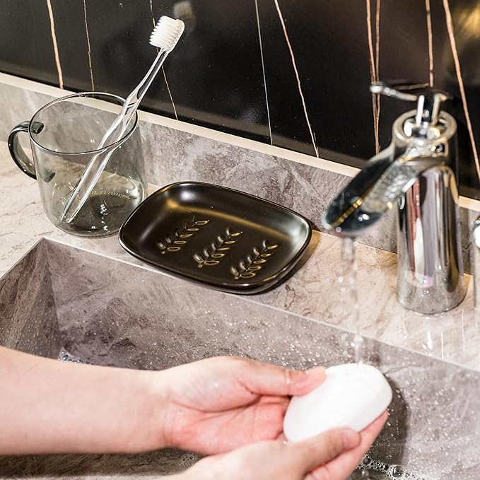 Soap Dish Soap Holder Shower, Ceramic Soap Dishes for Bar Soap Sponge, Shower Saver Tray for Bathroom Kitchen Sink, Raised Leaf Design, Black