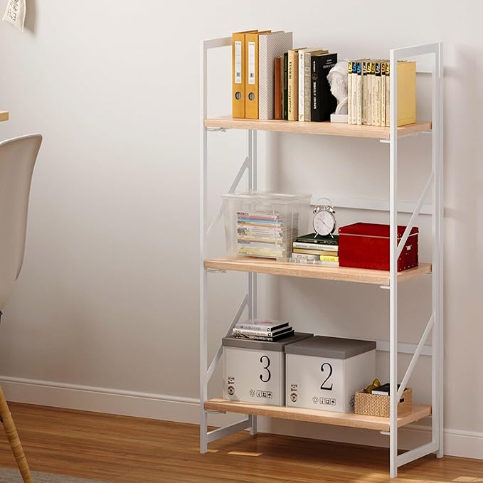 JSB No Assembly Folding Bookshelf, 3 Tier Industrial Metal Book Shelf for Storage, Vintage Wood Foldable Bookcase for Living Room, Bedroom, Office Organization Shelves