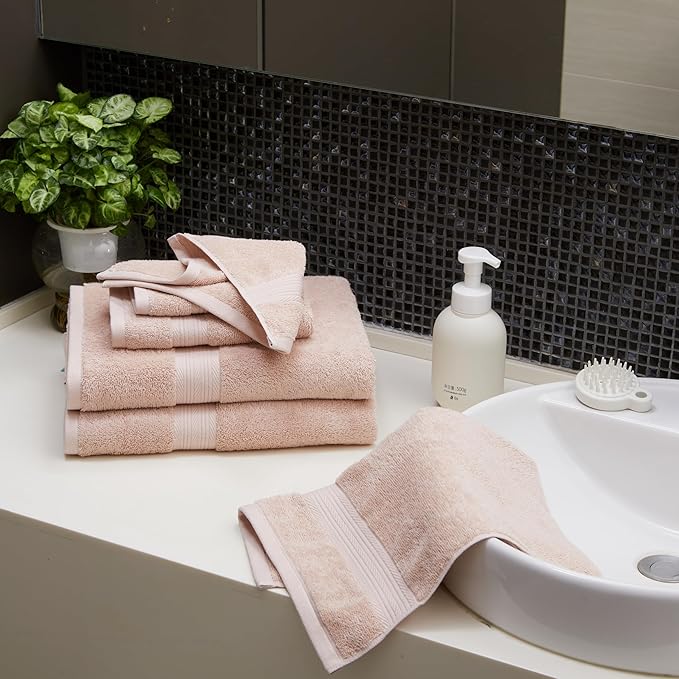 Amazon Basics Fade Resistant Bath, Hand and Washcloth Towel Set, 100% Cotton, Set of 6, 30 x 54 inches, Blush Pink