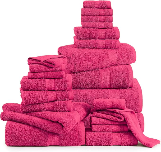 LANE LINEN 100% Cotton Bathroom Towels Set - 24 PCs - Quick Dry, Soft & Absorbent - Genlte On Skin - 4 Bath, 4 Fingertip, 6 Hand Towel, 8 Washcloths, 2 Bath Sheets for Her - Fuchsia