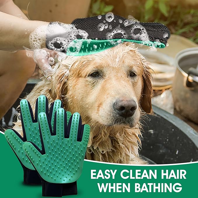 Upgrade Pet Grooming Gloves, Grooming Gloves for Dogs, Cats, Rabbits & Horses with Long and Short Hair, Efficient Pets Hair Remover Mittens - 1 Pair (Green)