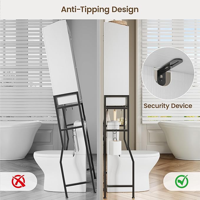 Over The Toilet Storage Cabinet, Over Toilet Organizer with 2-Door & Metal Stand, Bathroom Organizers and Storage with Adjustable Shelves for Bathroom, Restroom, Laundry, White