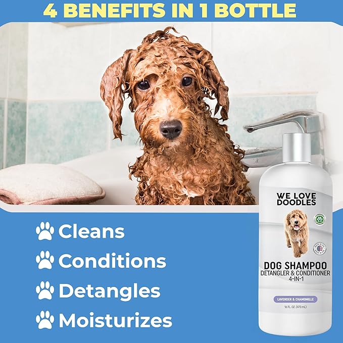 Dog Shampoo, Conditioner & Detangler - Best Shampoo for Goldendoodles, Poodles & Doodles - for Matted Pet Hair - Sensitive Skin Shampoo for Puppies - Made in The USA, 16OZ (Lavender)