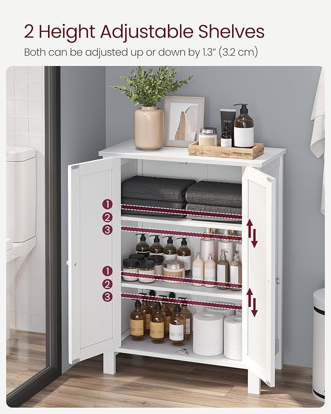 VASAGLE Floor Storage Cabinet, Freestanding Storage Unit with 2 Adjustable Shelves, for Bathroom Living Room Dining Kitchen, 11.8 x 23.6 x 31.5 Inches, White UBCB60W