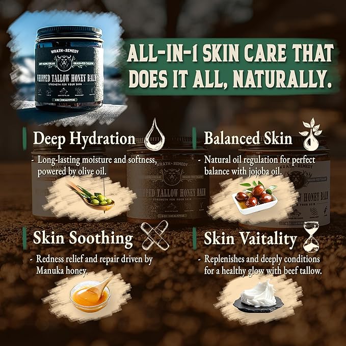 Organic Beef Tallow for Skin - 4 OZ (Eucalyptus) — Grass Fed Beef Tallow for face + Body — US-Made Whipped Tallow and Honey Balm Moisturizer for Dry and Sensitive Skin, Eczema, Rosacea (No Additives)