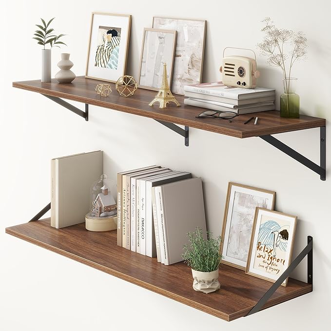 12 Inch Deep Floating Shelves,48W x 12D Floating Shelves, Deep Wall Shelves Bracket Set of 2, Large Display Floating Shelf for Bathroom, Living Room, Wide Storage Wooden Wall Shelf, Walnut