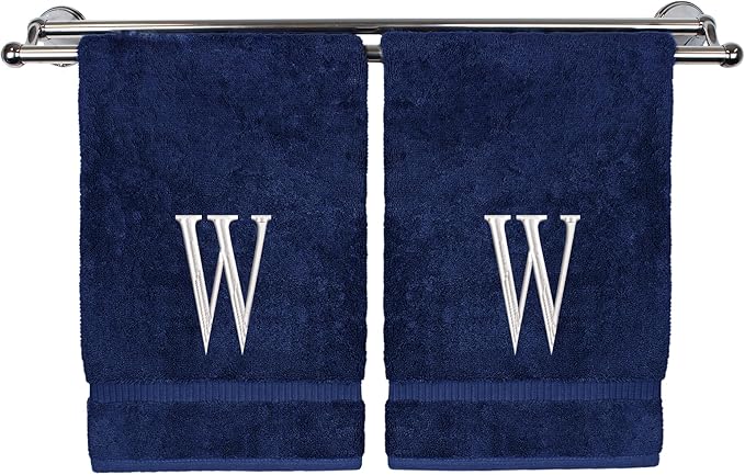 Monogrammed Hand Towel, Personalized Initial Gift, Extra Absorbent 100% Turkish Cotton - Soft Terry Finish - Set of 2 - White Block Initial W - Embroidered on Navy Blue Towels
