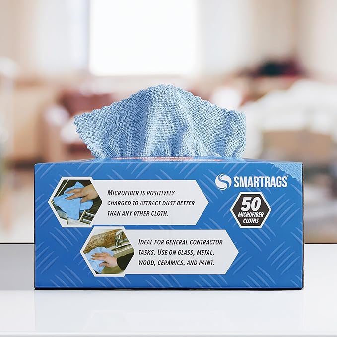 Arkwright Smart Rags in Box - (Pack of 50) Lint Free Microfiber Cleaning Cloth, Scratch & Streak-Free, Dispensable Wash Towels for Cars, Window Glass, and Auto Shop, 12 x 12 in, Blue