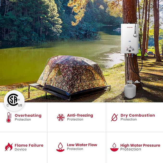 GASLAND BE264 Tankless Water Heater Propane 10L, 2.64GPM Outdoor Propane Shower for Camping & Off Grid, 68,000BTU, Digital Display, Overheating Protection, Easy Installation