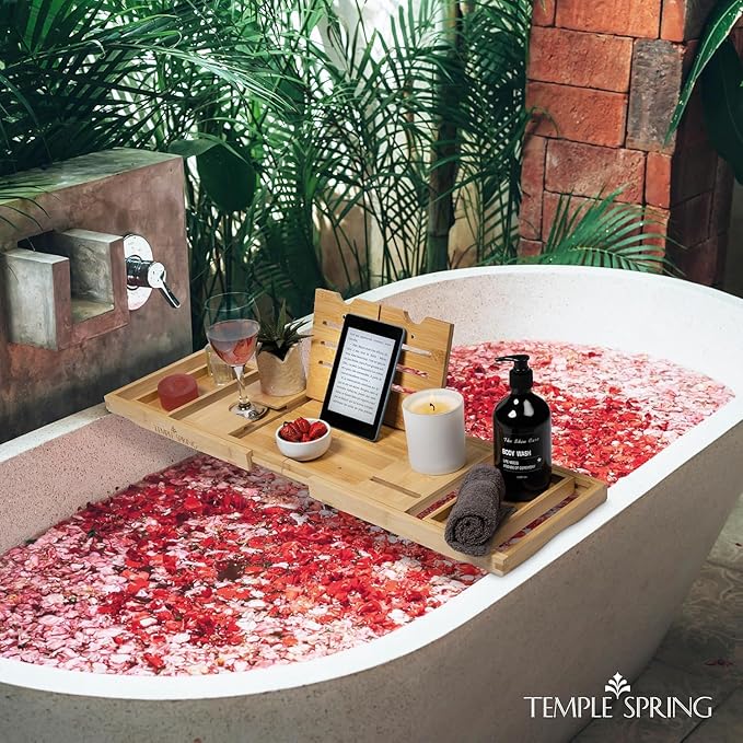 Temple Spring Foldable Bathtub Tray, Unique Design Selfcare Bathroom Caddy, Bamboo Spa Bathroom Tray, Wooden Bathtub Accessories, Wedding Gift/Birthday Gift/New Home Bath Table