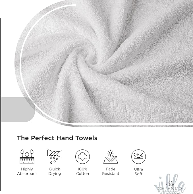 100% Cotton Hand Towel Set of 2, (16 x 28 inches) Sustainable, Soft, Highly Absorbent, Quick Drying, Combed Cotton Hand Towels Pack of 2 Ideal for Hotels, Spa, Bathroom, Dorm, White