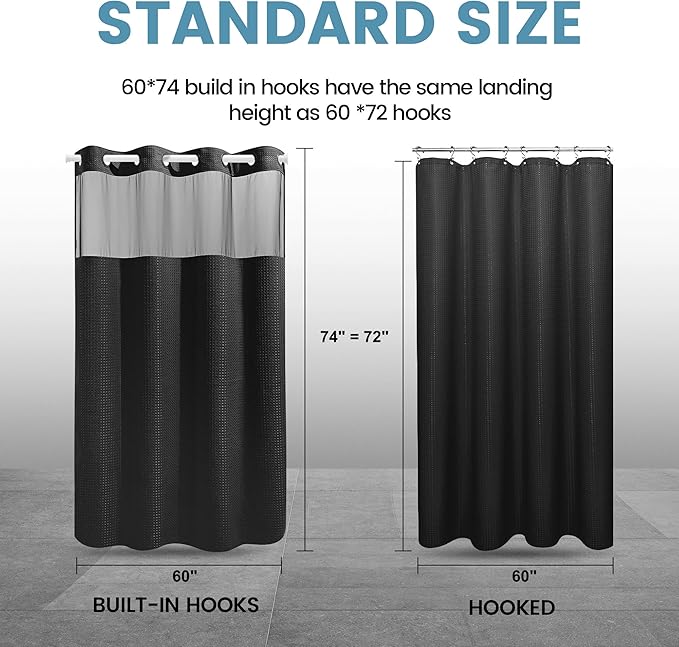 Stall No Hook Shower Curtain with Snap in Liner,230GSM Waffle Weave Shower Curtains for Bathroom,60W x 74H,Black