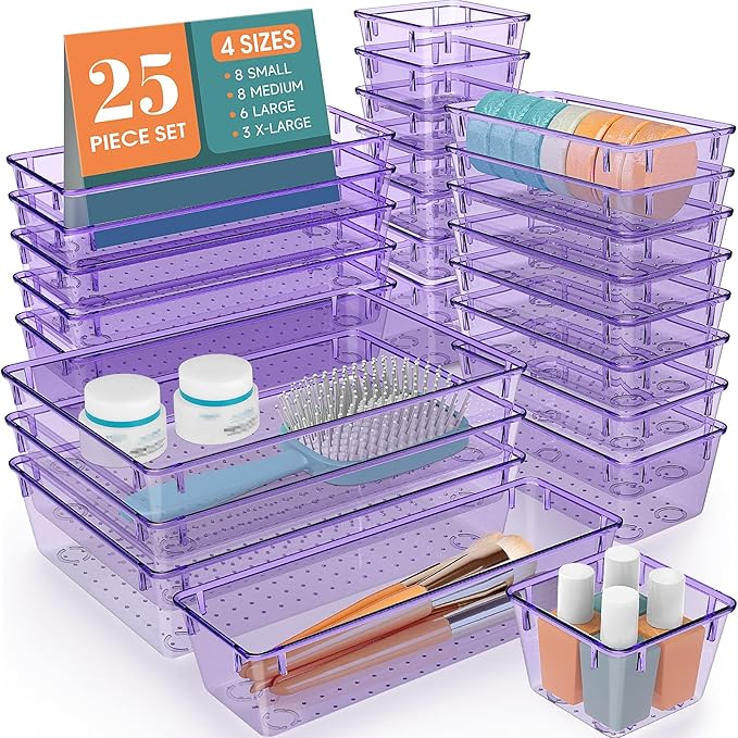WOWBOX 25 PCS Plastic Drawer Organizer Set, Desk Drawer Divider Organizers and Storage Bins for Makeup, Jewelry, Gadgets for Kitchen, Bedroom, Bathroom, Office, Clear Purple