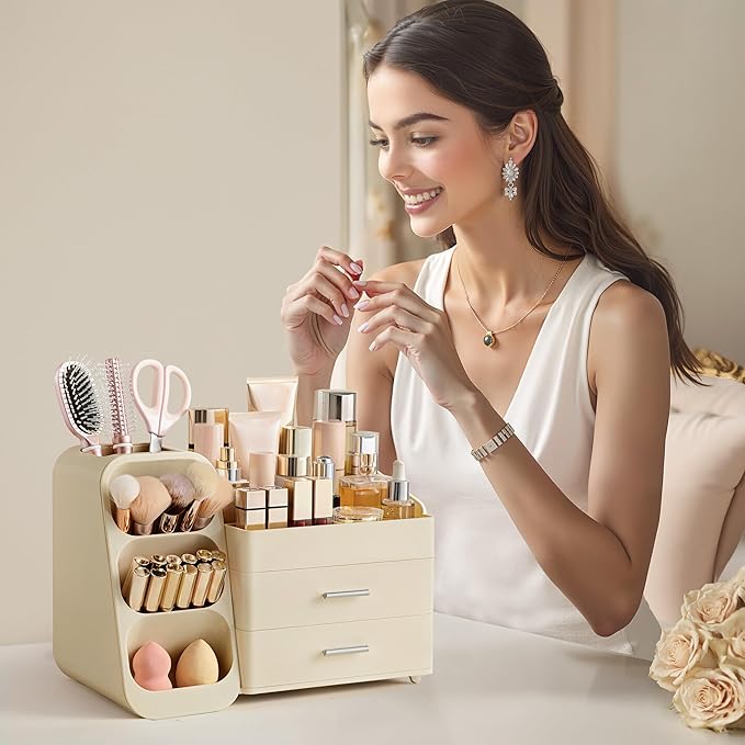 HBlife Makeup Organizer with Brush Holder for Vanity, Large Plastic Bathroom Countertop Organizer Skin Care Storage, Easy to Store Lipsticks, Nail Polishes, Perfumes, Eyeshadow Palettes, All Beige