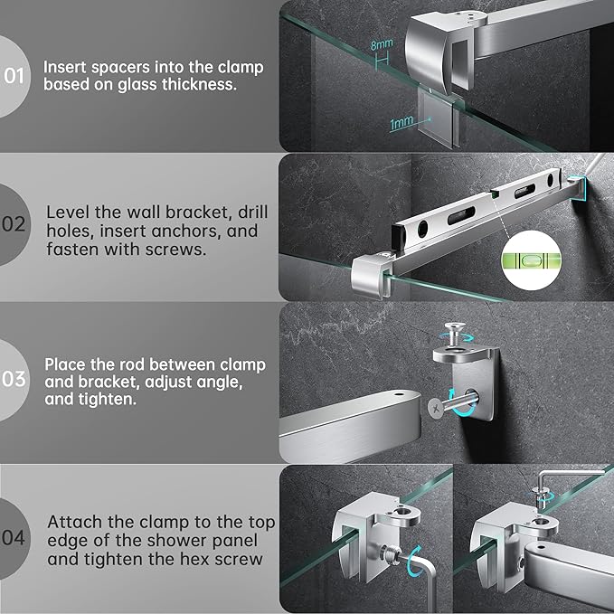 Frameless Shower Door Support Bar, Stainless Steel Wall-to-Glass Support Arm to Fixed Shower Glass Panel, for 1/4"-3/8" (6-10 mm) Door, 180° Pivot & Stow-Flat Mode (Brushed Nickel, 35.4-inch(900mm))