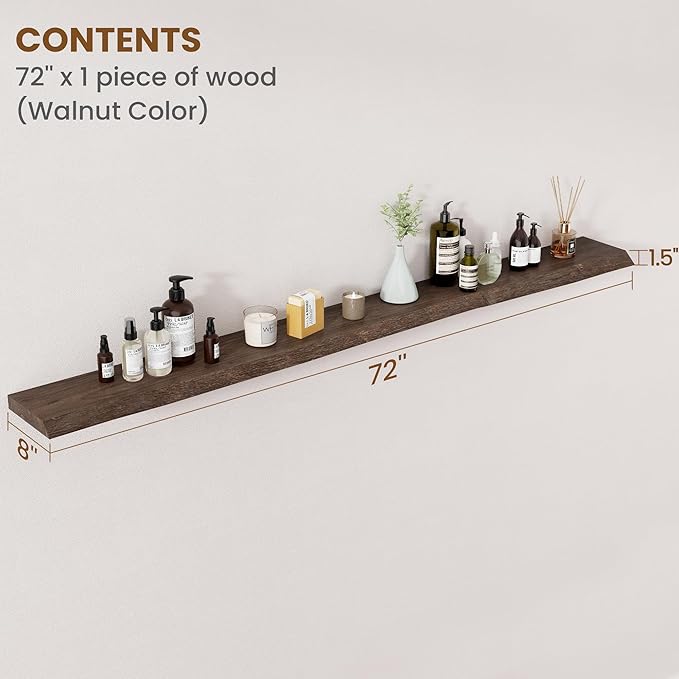 Floating Shelves for Wall Decor, Rustic Solid Elm Wood Live Edge Floating Shelves Wall Mounted, Wall Shelves with Invisible Bracket for Living Room Bathroom Bedroom Kitchen, 72 Inch, Walnut