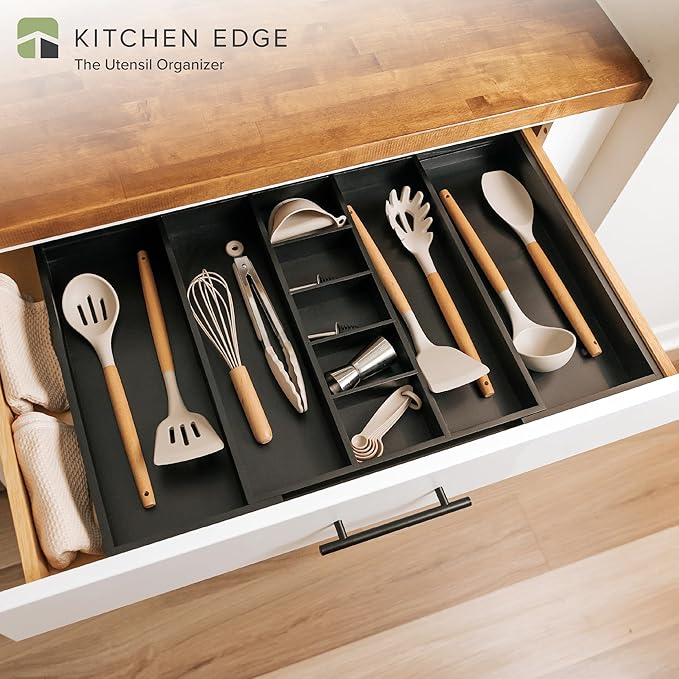KitchenEdge Adjustable Kitchen Drawer Organizer for Utensils and Junk, Food-Safe Contract Grade with 100% Sustainable Wood, Expandable from 16 to 28 Inches Wide - Black Bamboo