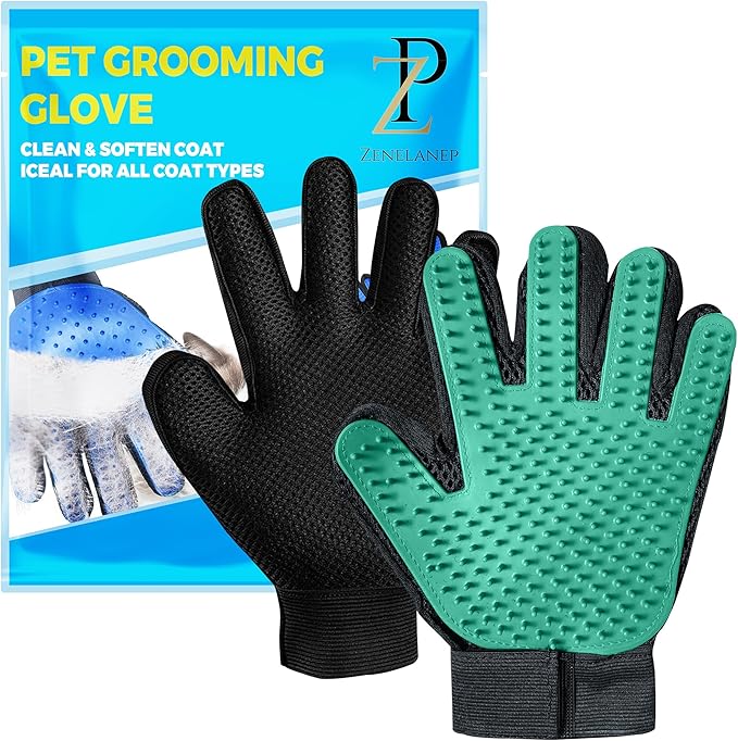 Upgrade Pet Grooming Gloves, Grooming Gloves for Dogs, Cats, Rabbits & Horses with Long and Short Hair, Efficient Pets Hair Remover Mittens - 1 Pair (Green)