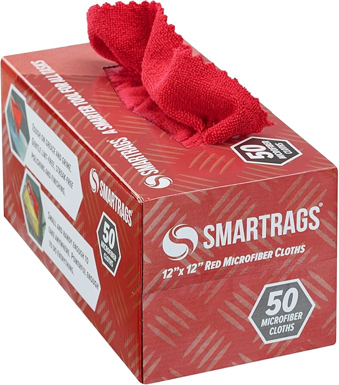 Arkwright Smart Rags in Box - (Pack of 50) Lint Free Microfiber Cleaning Cloth, Scratch & Streak-Free, Dispensable Wash Towels for Cars, Window Glass, and Auto Shop, 12 x 12 in, Red