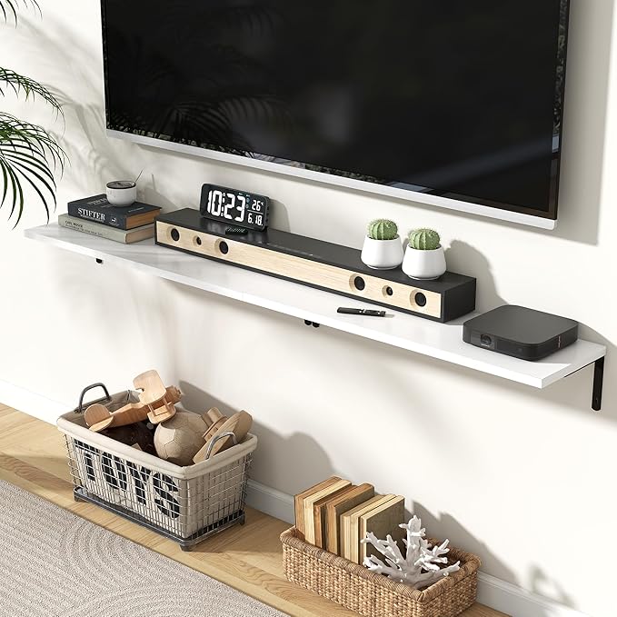 Fun Memories Deep Floating Shelves, 32W x 8D Floating Shelves Set of 2, Wall Mounted Shelf with Metal Brackets, Rustic Wood Wall Shelf for Bathroom, Kitchen and Living Room, White