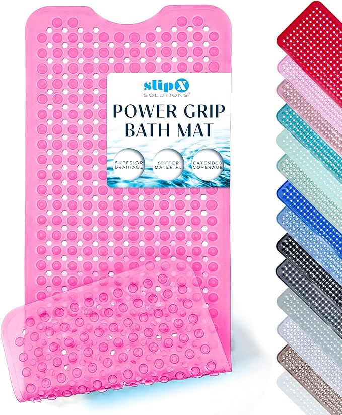 SlipX Solutions Power Grip 39x16 Bathtub & Shower Mat | Premium Non-Slip Bath Safety | Clear Pink