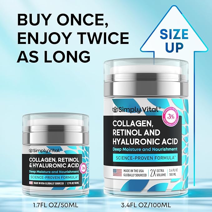 SimplyVital Collagen, Retinol & Hyaluronic Acid Cream - Anti-Aging Retinol Cream for Face, Neck & Décolleté - Made in USA - Daily Moisturizer Face Cream - 3.38 fl oz