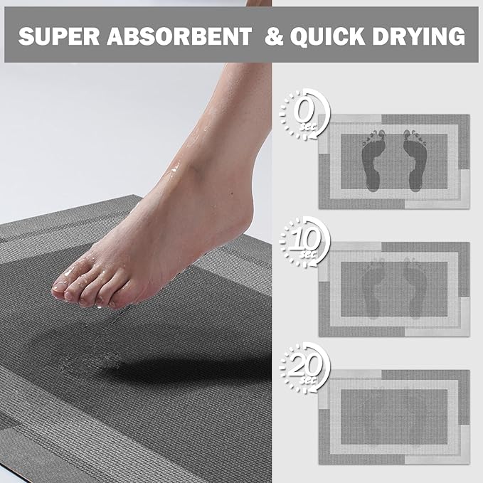 Non Slip Bath Mat, Rubber Backing Ultra Thin Bathroom Rugs Fit Under Door Quick Dry Super Absorbent Washable Bath Rug Shower Mat for Bathroom Floor Bathtub Shower Sink, Easy Care Gray 20"x 32"