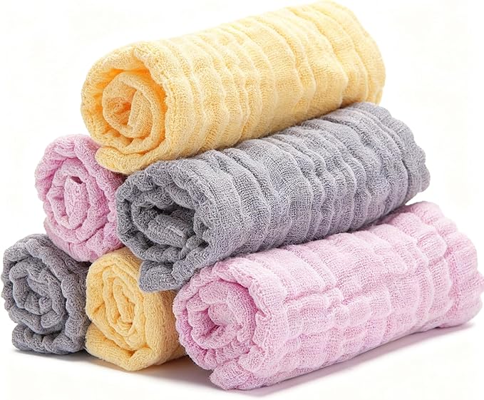 Organic Muslin Baby Washcloths 6 Pack Baby Bath Face Towel 12x12 Inch Extra Absorbent and Soft Burp Cloth and Wash Cloths for Newborn-Infants On Sensitive Skin (Yellow Pink Grey)