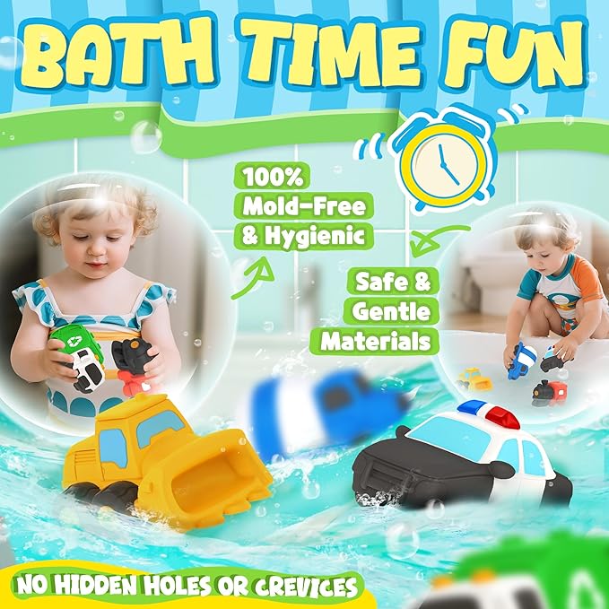 6 PCS Vehicle Floating Bath Toys Mold Free Infant Bath Tub Toys for 12 Months - No Hole Bathtub Toys for Toddlers 1-3 Water Pool Toys for Baby Toddler Ages 1+