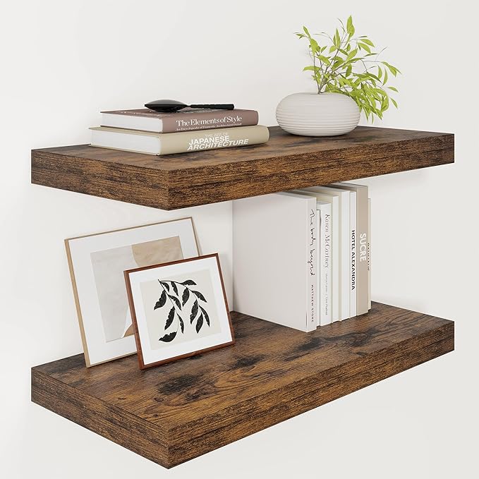 Vivelove 12" Deep Floating Shelves Over Toilet, 24" Wall Shelves for Bathroom Bedroom Kitchen Living Room Laundry Room, Farmhouse Rustic Shelves for Home Decor, 24" X 12" X 2" Set of 2, Rustic Brown