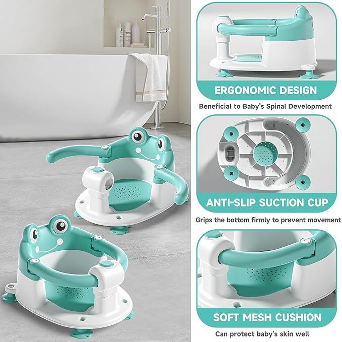 Baby Bath Seat for Babies 6 Months & Up - Toddler Bath Seats for Baby Sitting Up with 4 Suction Cups & Soft Cushion, Non-Slip Infants Shower Bathtub Chair for Newborn Boys Girls, Aqua